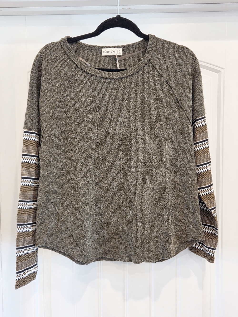 Olive Green Textured Crewneck Top with Striped Sleeve Detail